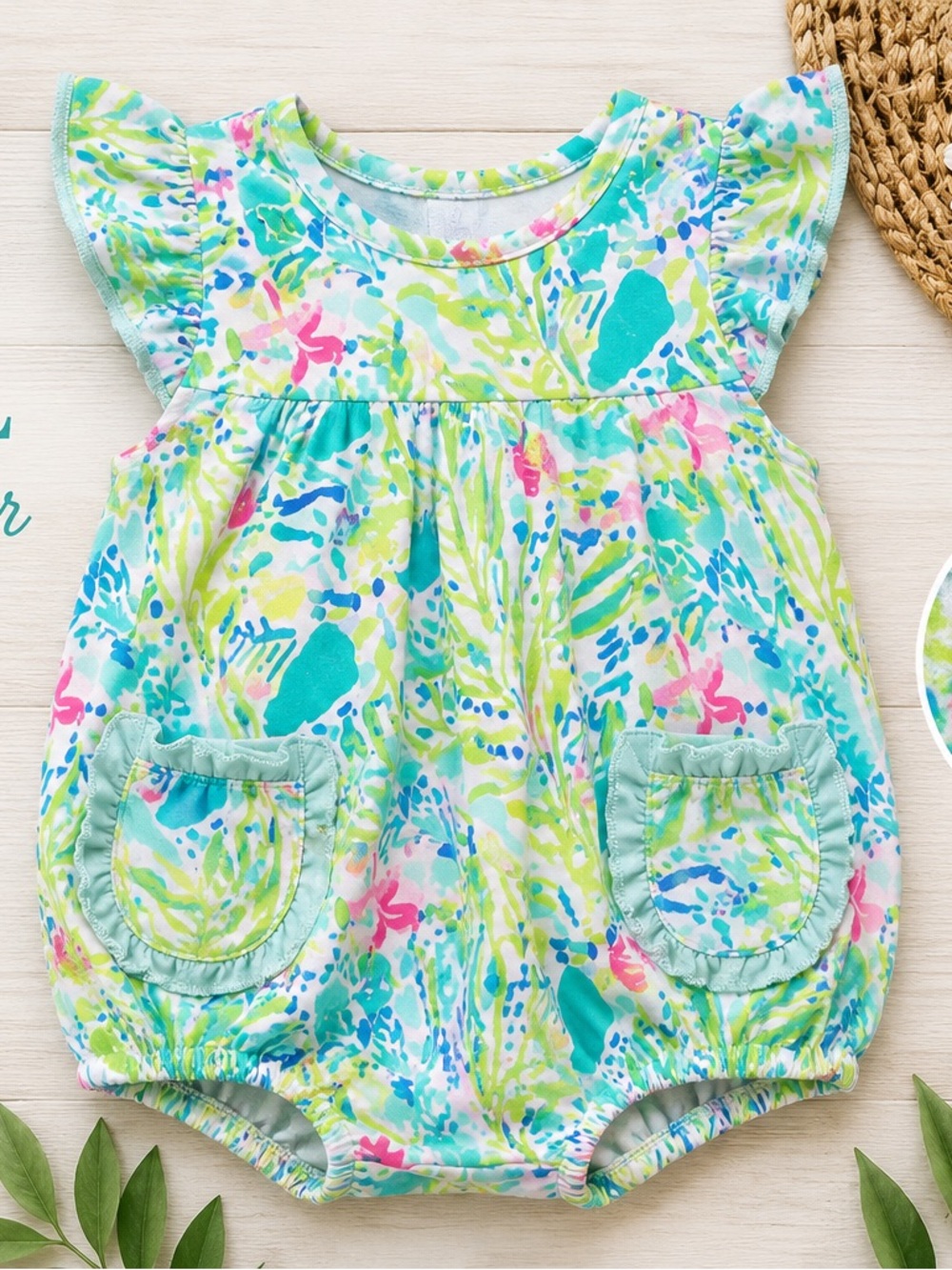 Adora Baby Aqua Tropical Ruffle Bubble Romper | 12M